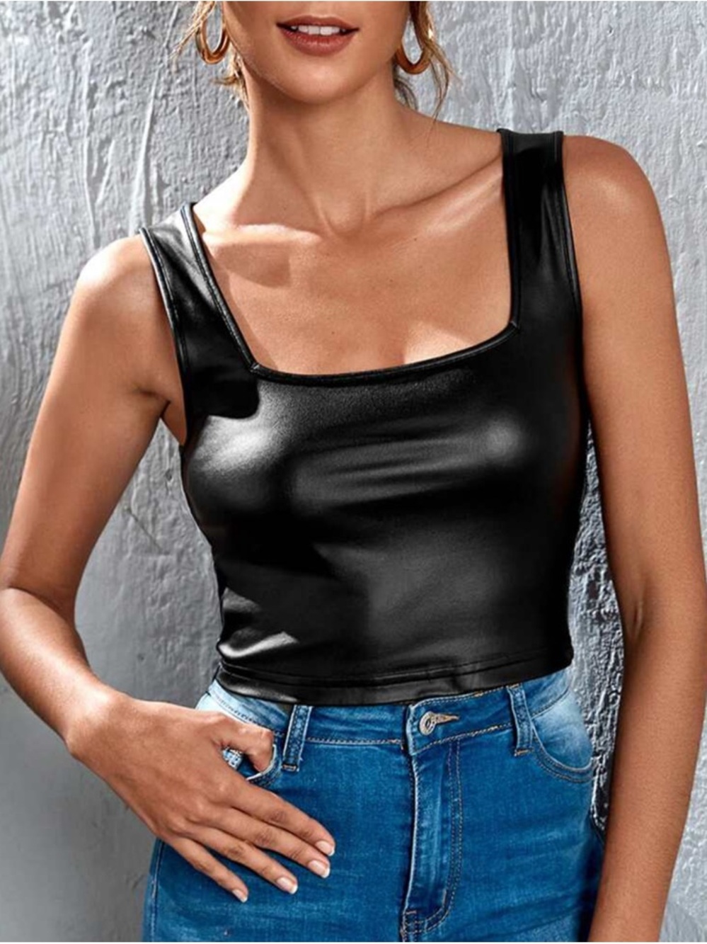 SHEIN Black Faux Leather Square Neck Crop Top